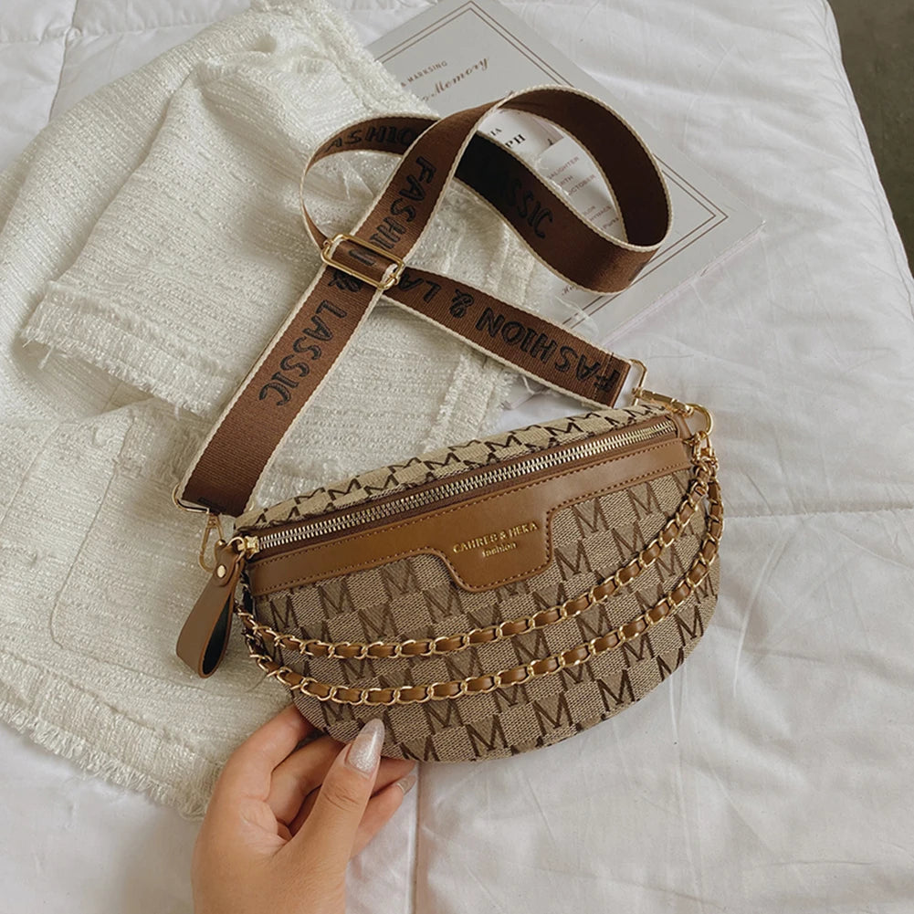 Women Waist Bag Canvas Belt Bag Printed Letter Shoulder Crossbody Chest Bag