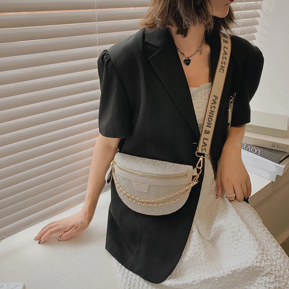 Women Waist Bag Canvas Belt Bag Printed Letter Shoulder Crossbody Chest Bag