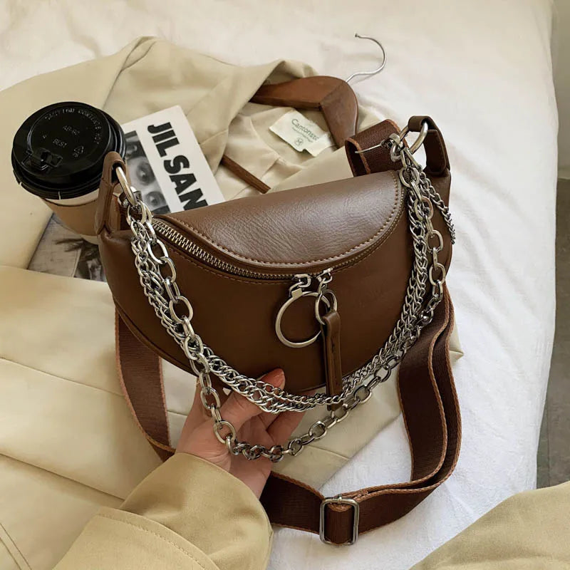 Leather Waist Bag Chain Crossbody Chest Phone Pack
