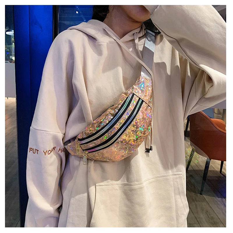 Women Waist Bag Holographic Fanny Pack Female Belt Bag Sliver Chest Bum Pouch