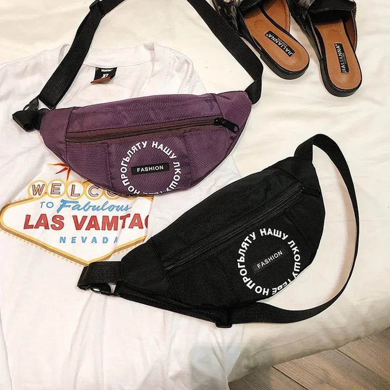 Women Waist Bag Letter Nylon Waterproof Belt Case Bag Harajuku