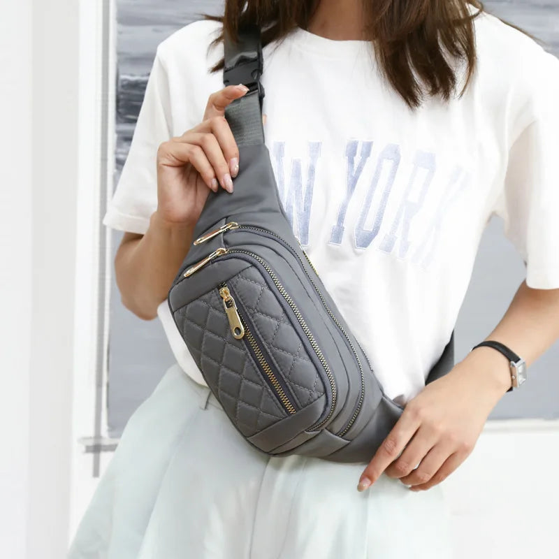 Women Waist Bag Waterproof Plaid Belt Bag Outdoor Crossbody Chest Bag