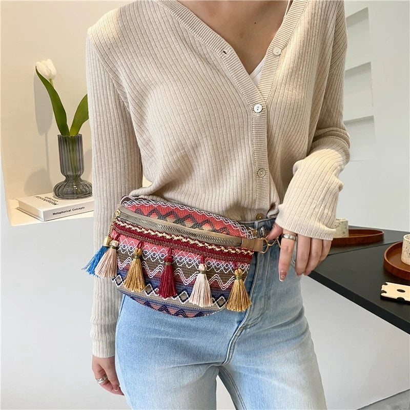 Women Fringed Woven Shoulder Bag Ethnic Crossbody Bag Wide Shoulder Strap