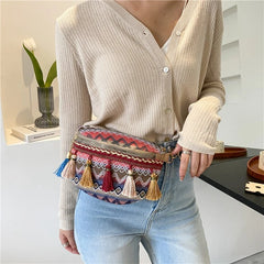 Women Fringed Woven Shoulder Bag Ethnic Crossbody Bag Wide Shoulder Strap