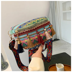 Women Fringed Woven Shoulder Bag Ethnic Crossbody Bag Wide Shoulder Strap