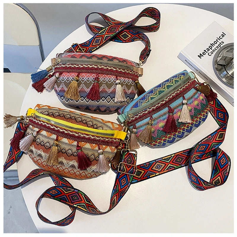 Women Fringed Woven Shoulder Bag Ethnic Crossbody Bag Wide Shoulder Strap