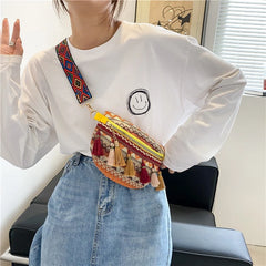 Women Fringed Woven Shoulder Bag Ethnic Crossbody Bag Wide Shoulder Strap