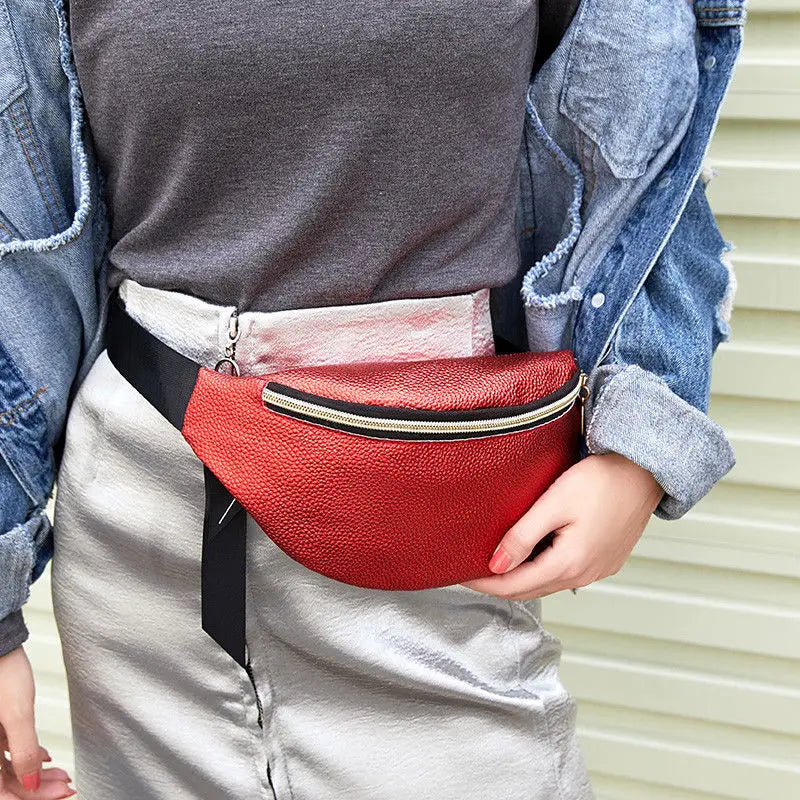 Women Waist Fanny Pack PU Leather Belt Zipper Waist Bag Casual Chest Bag