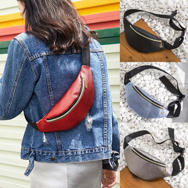 Women Waist Fanny Pack PU Leather Belt Zipper Waist Bag Casual Chest Bag