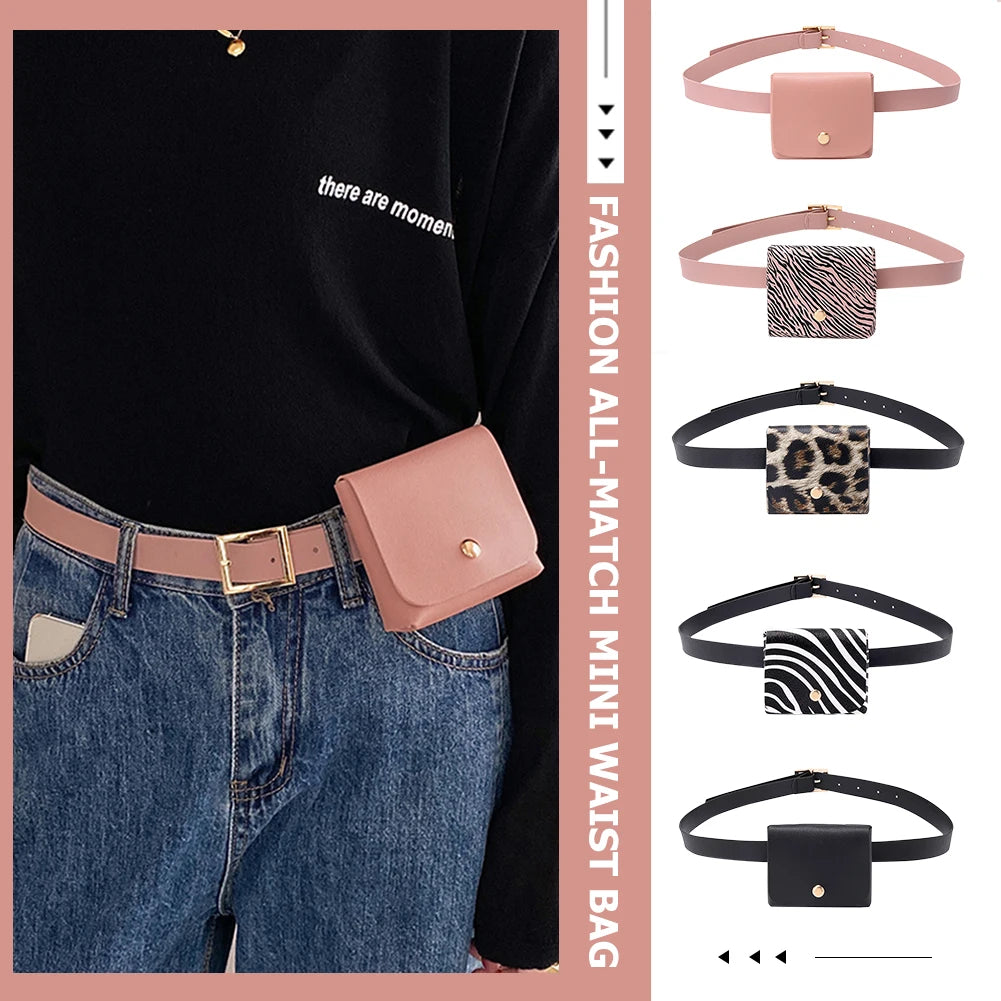Women Leather Fanny Pack Animal Pattern Mini Belt Bag Crossbody Bag