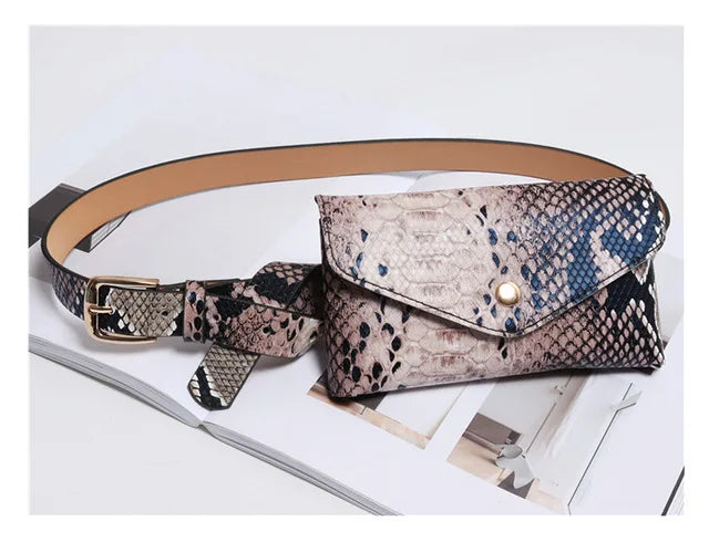 Women Waist Pack Pu Leather Serpentine Fanny Pack Snake Skin Waist Belt