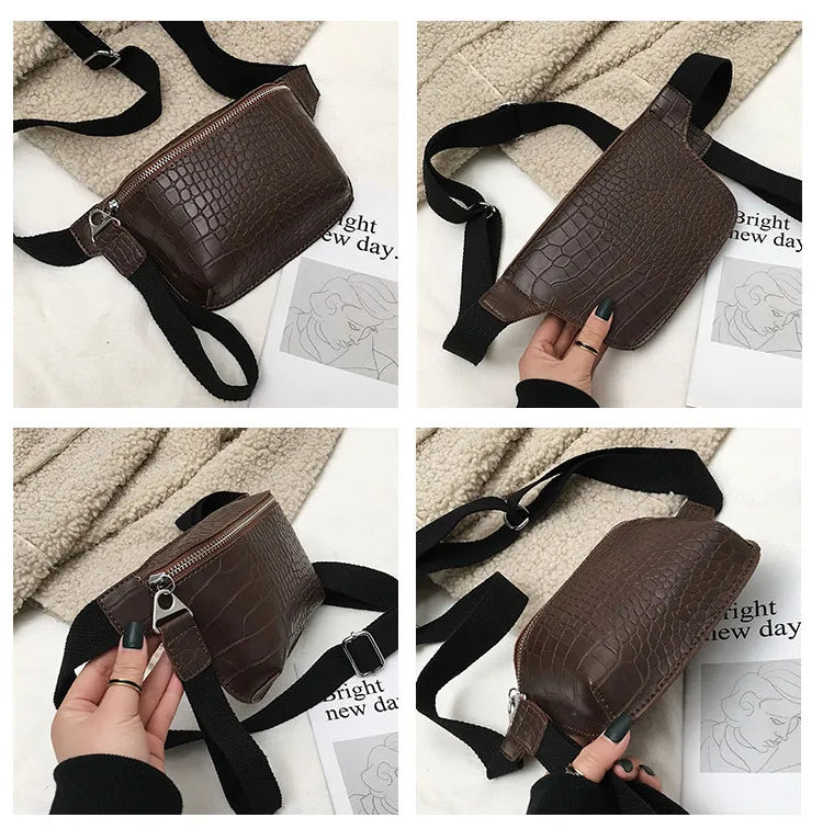 Women Waist Packs Crochet Fanny Pack PU Leather Belt Bag Small Messenger Bags