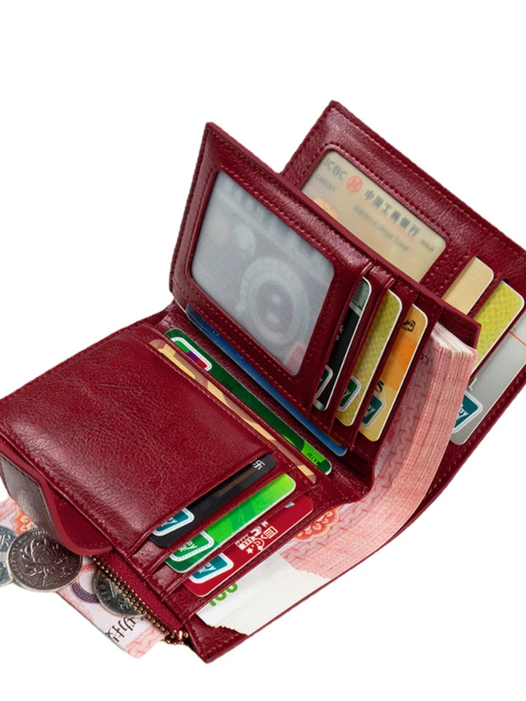 Women Wallet Leather Retro Oil Wax Cowhide Short Zipper Small Coin Purse