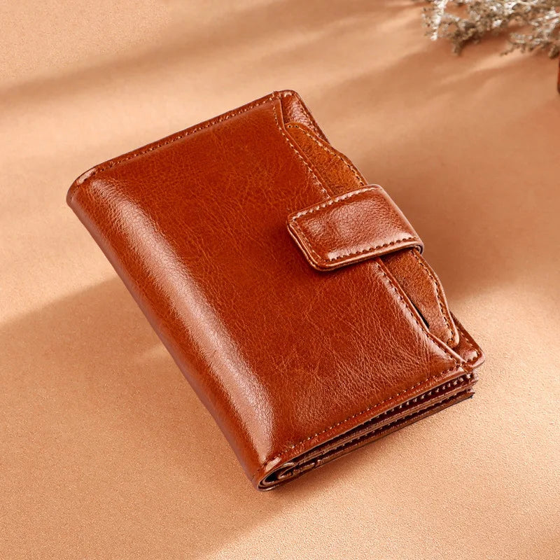 Leather Retro Oil Wax Cowhide Women Wallet Short Zipper Coin Purse