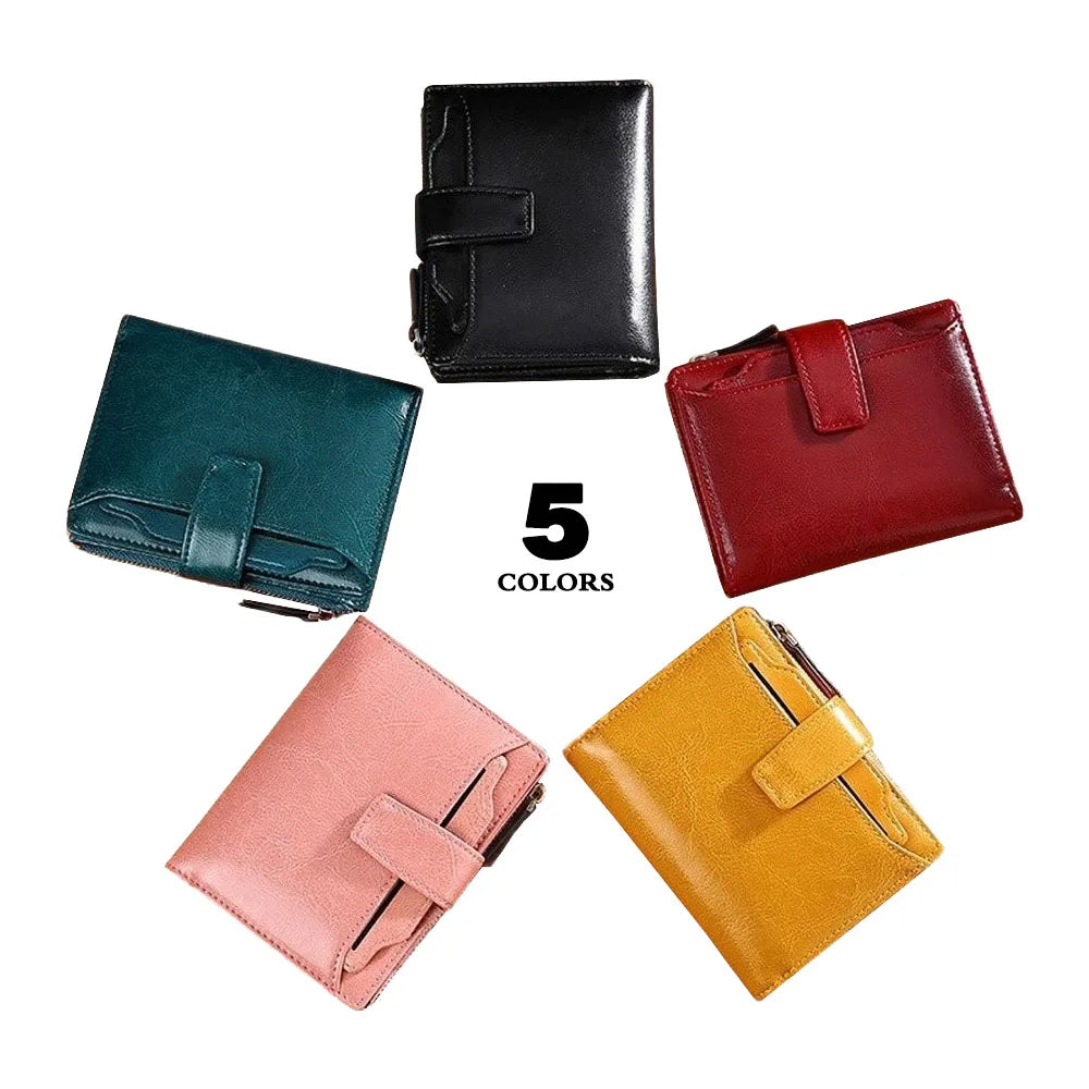 Women Wallet Leather Retro Oil Wax Cowhide Girls Wallet Short Zipper Small Coin