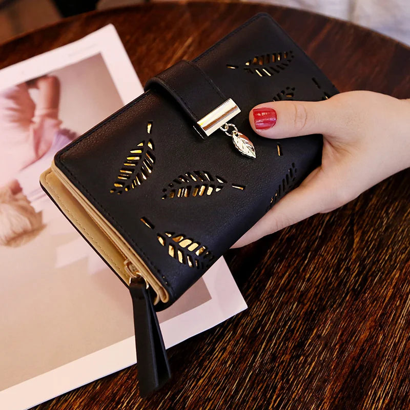 Women Wallet PU Hollow Leaf Long Purse Lady Women's Multi-slot Zip Purse