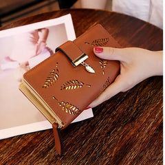 Women Wallet PU Hollow Leaf Long Purse Lady Women's Multi-slot Zip Purse