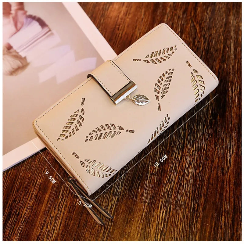 Women Wallet PU Hollow Leaf Long Purse Lady Women's Multi-slot Zip Purse