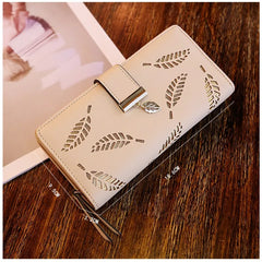 Women Wallet PU Hollow Leaf Long Purse Lady Women's Multi-slot Zip Purse