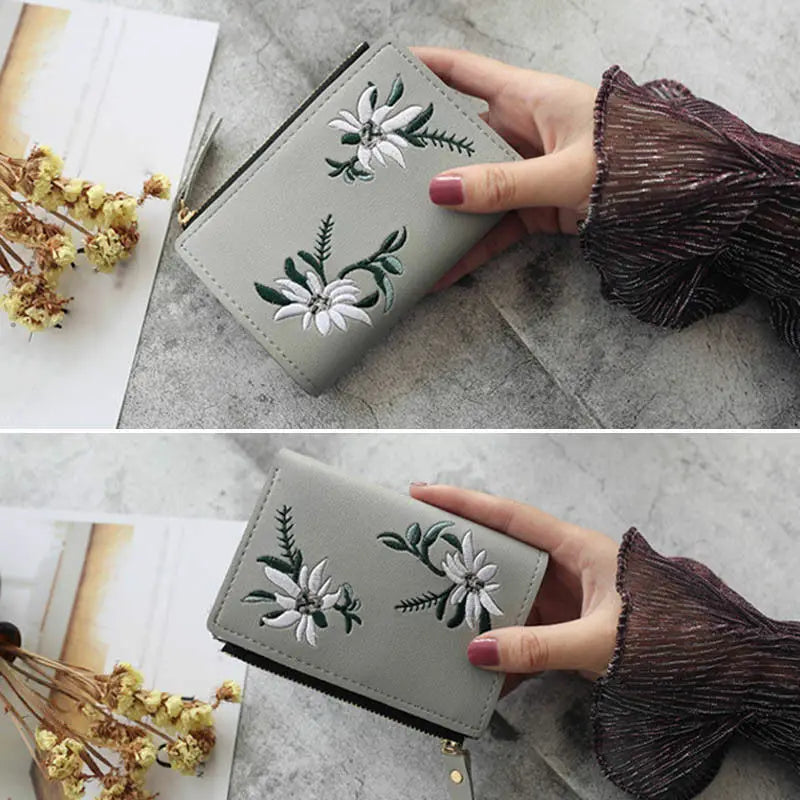 Women Wallet PU Leather Print Flower Cash Pocket Clutch Short Purse