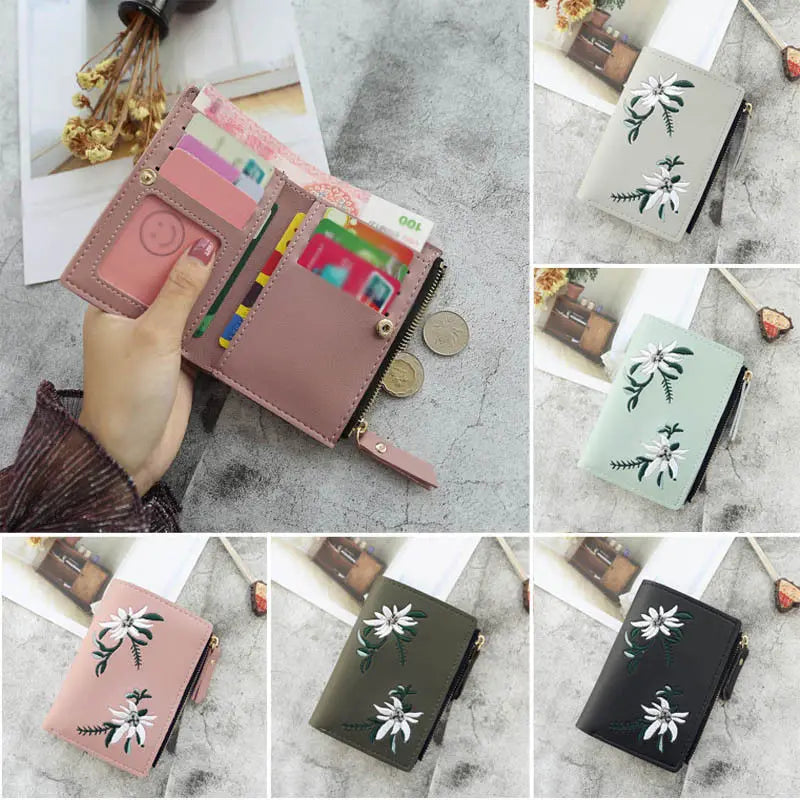 Women Wallet PU Leather Print Flower Cash Pocket Mini Clutch Short Purse