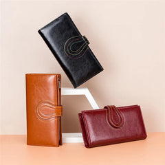 RFID Blocking Leather Long Wallet Oil Wax Female Coin Purse