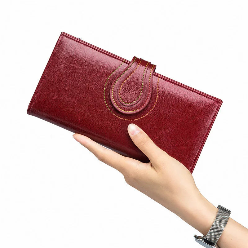 RFID Blocking Leather Long Wallet Oil Wax Female Coin Purse