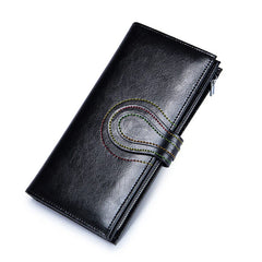 RFID Blocking Leather Long Wallet Oil Wax Female Coin Purse