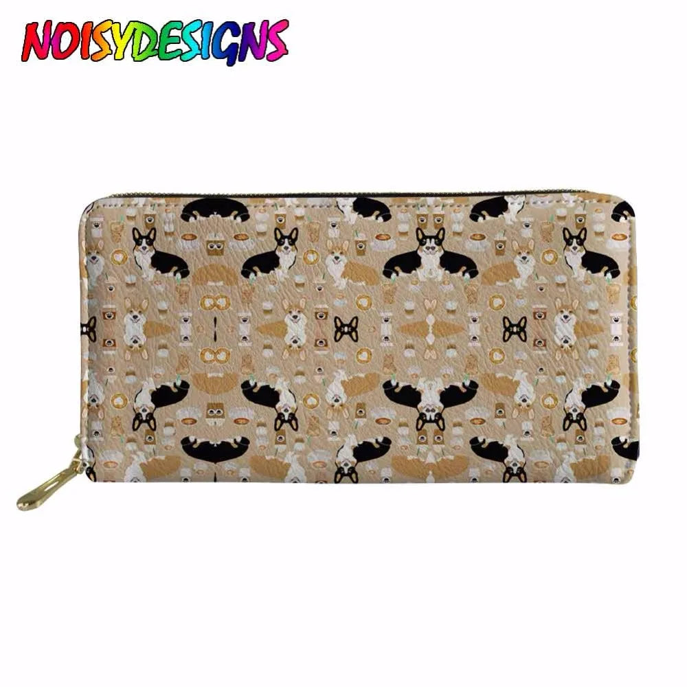 Women Wallets Lady Purse Long Wallet Corgi Glasses Mint Orange Prints Clutch