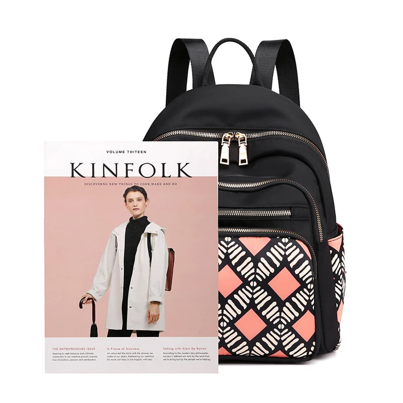 Women Waterproof Nylon Backpack Geometric Shoulder Bag Youth Vitality Style