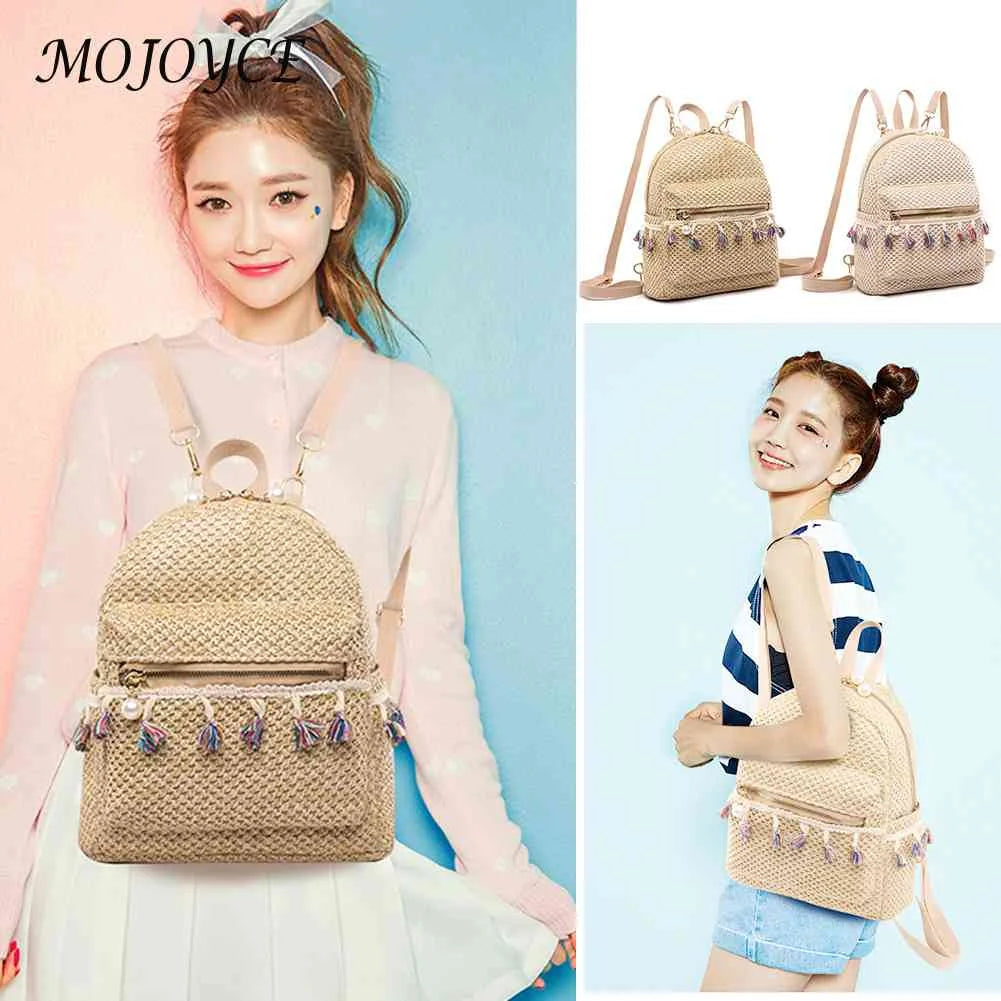Straw Tassel Splicing Backpack for Travel