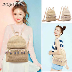 Straw Tassel Splicing Backpack for Travel