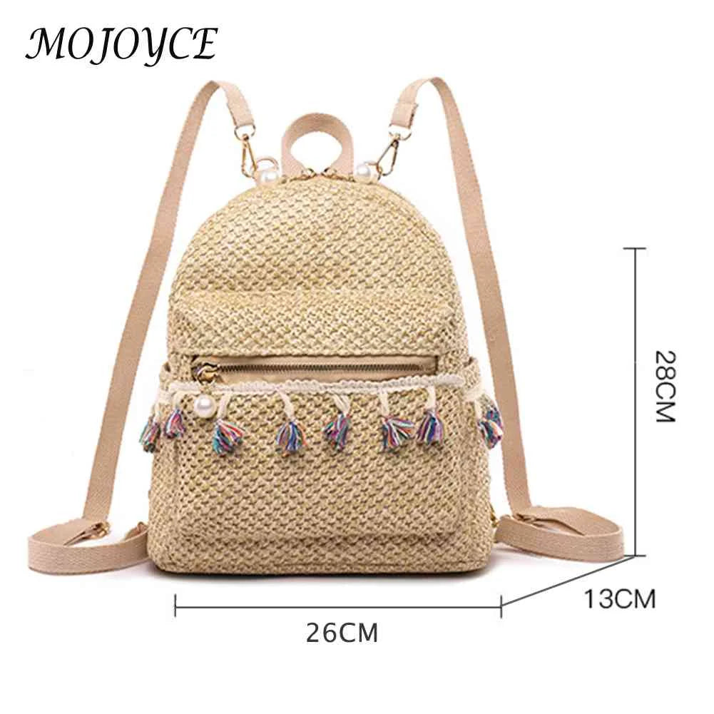 Straw Tassel Splicing Backpack for Travel
