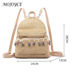 Straw Tassel Splicing Backpack for Travel