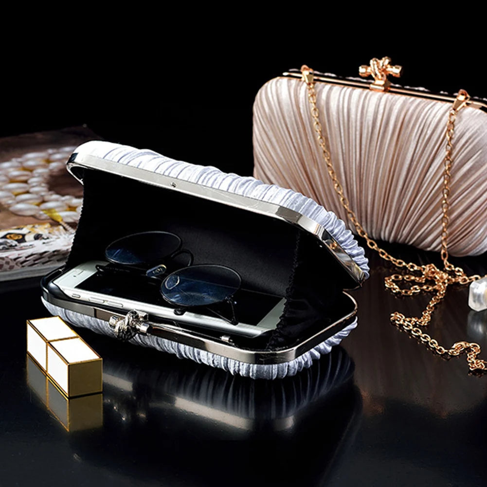 Glitter Pleated Evening Bag Chain Clutch Purse for Women Wedding Party