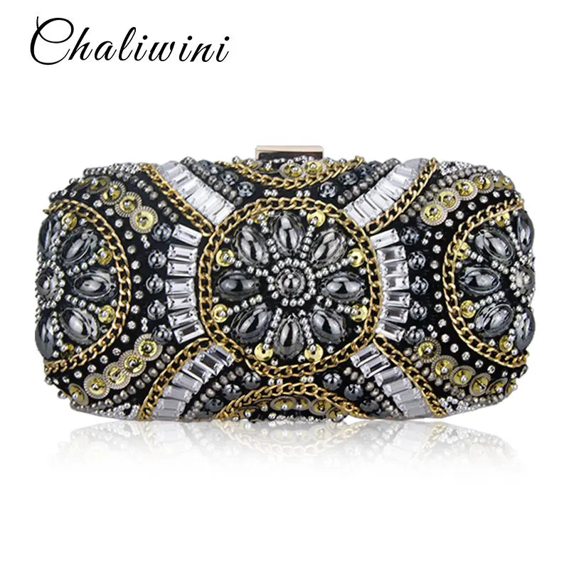 Women Wedding Clutch Handbag Evening Bag Metallic Diamonds