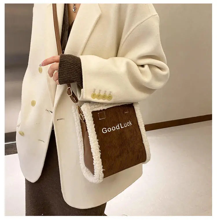 Women Winter Corduroy Bag Canvas Shoulder Tote Handbag Warm Plush Messenger Bag