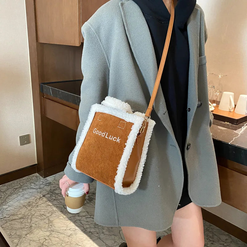 Women Winter Corduroy Bag Canvas Shoulder Tote Handbag Warm Plush Messenger Bag