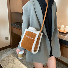 Women Winter Corduroy Bag Canvas Shoulder Tote Handbag Warm Plush Messenger Bag