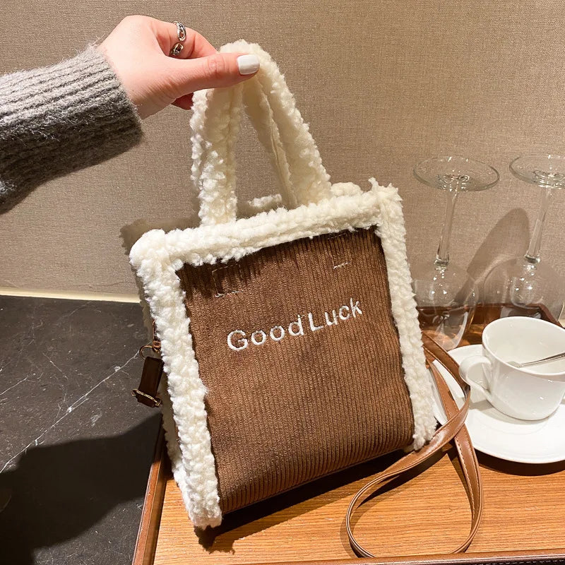 Women Winter Corduroy Bag Canvas Shoulder Tote Handbag Warm Plush Messenger Bag