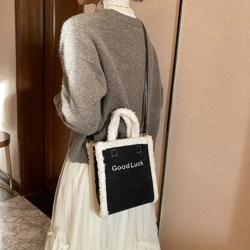 Women Winter Corduroy Bag Canvas Shoulder Tote Handbag Warm Plush Messenger Bag