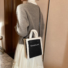 Women Winter Corduroy Bag Canvas Shoulder Tote Handbag Warm Plush Messenger Bag