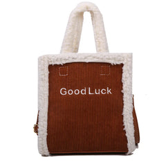 Women Winter Corduroy Bag Canvas Shoulder Tote Handbag Warm Plush Messenger Bag