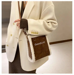 Women Winter Corduroy Bag Canvas Shoulder Tote Handbag Warm Plush Messenger Bag