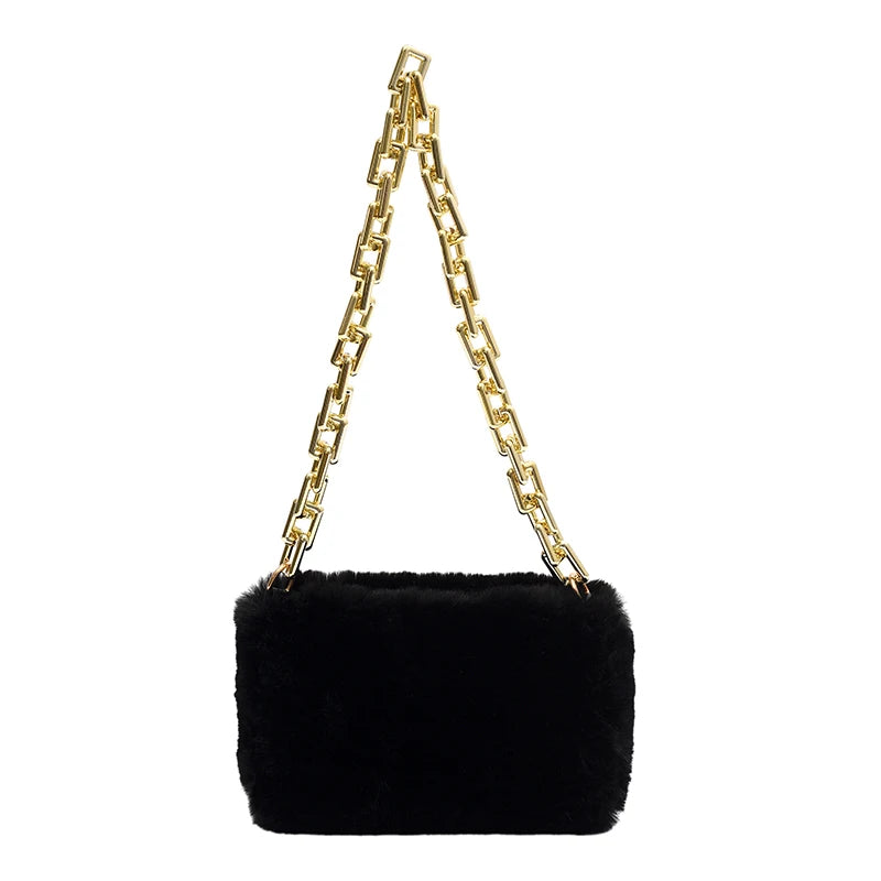 Women Winter Faux Fur Bag Plush Handbag Chains Shoulder Bags