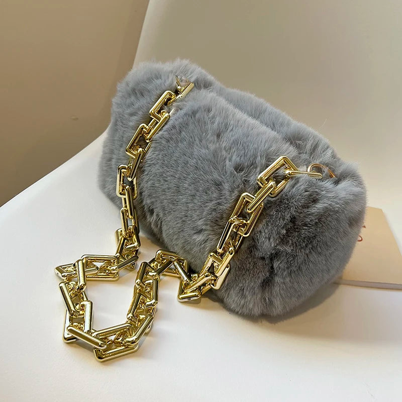 Women Winter Faux Fur Bag Plush Handbag Chains Shoulder Bags