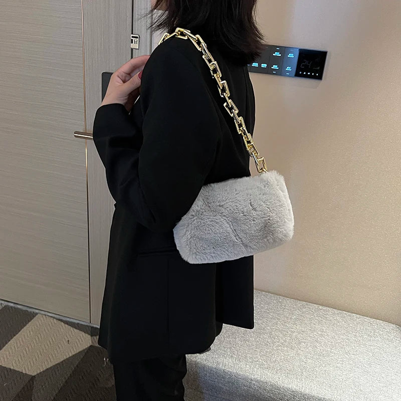 Women Winter Faux Fur Bag Plush Handbag Chains Shoulder Bags