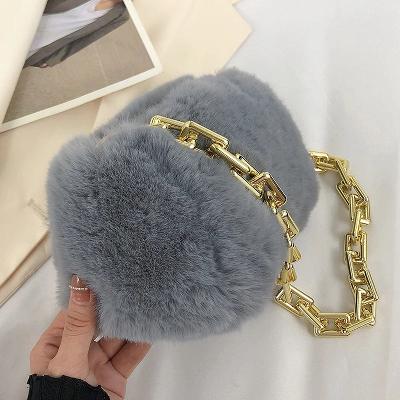 Women Winter Faux Fur Bag Plush Handbag Chains Shoulder Bags