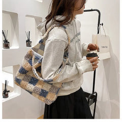 Winter Checkered Plush Shoulder Bag Lamb Wool Fleece Tote Purse