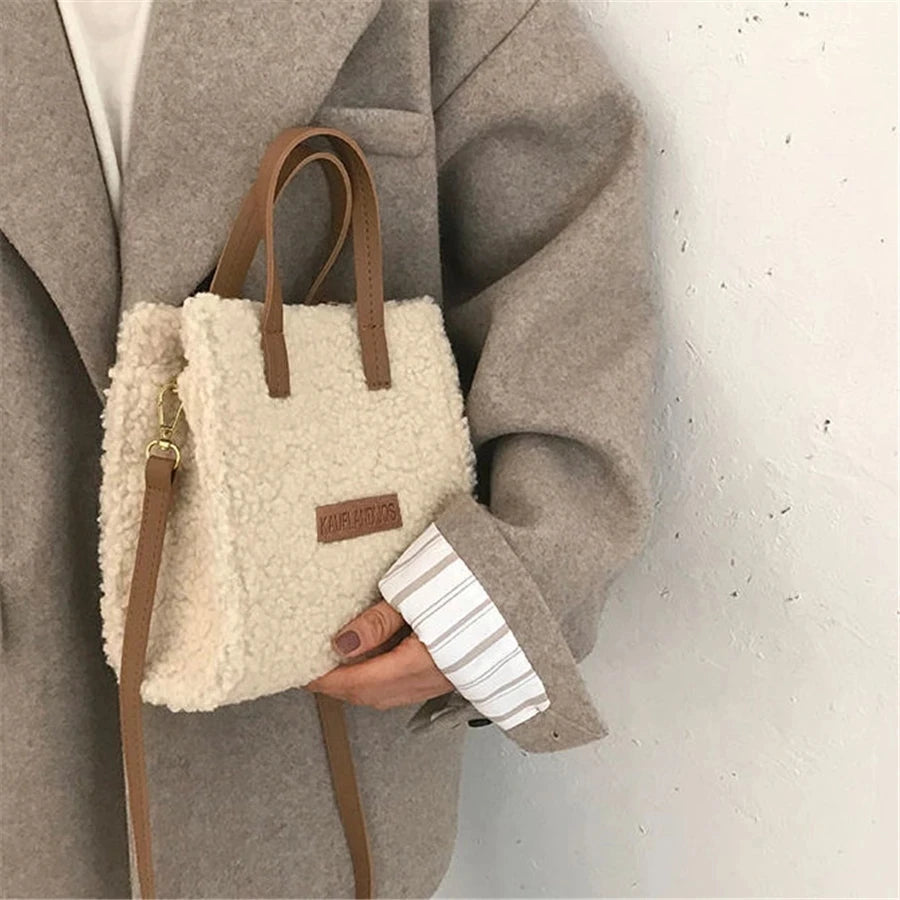 Women Lamb Wool Shoulder Bag Soft Autumn Winter Square Cross-body